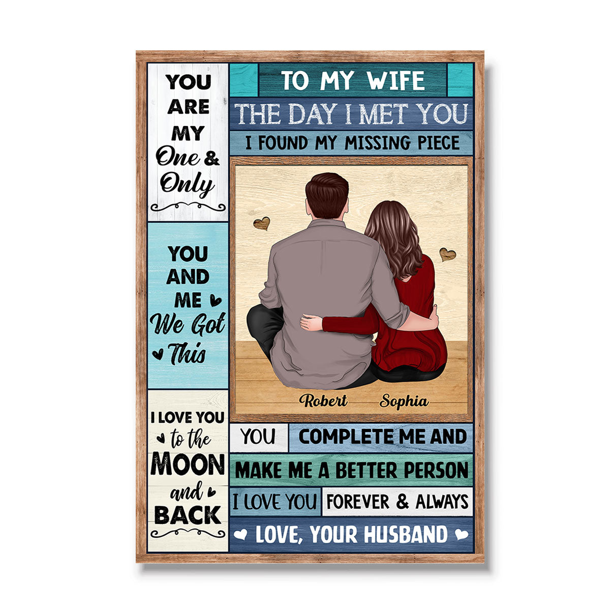 To My Wife Husband Couple Hugging Sitting Back View Personalized Vertical Poster